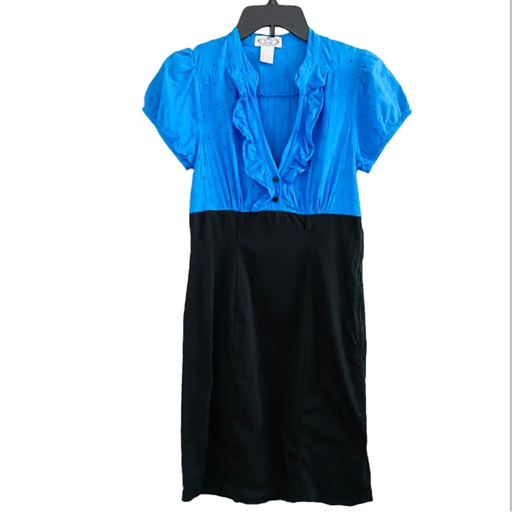 Trixxi Y2K Vintage Blue & Black Colorblock Fitted Dress Puff Sleeve Size 9 - Picture 1 of 8
